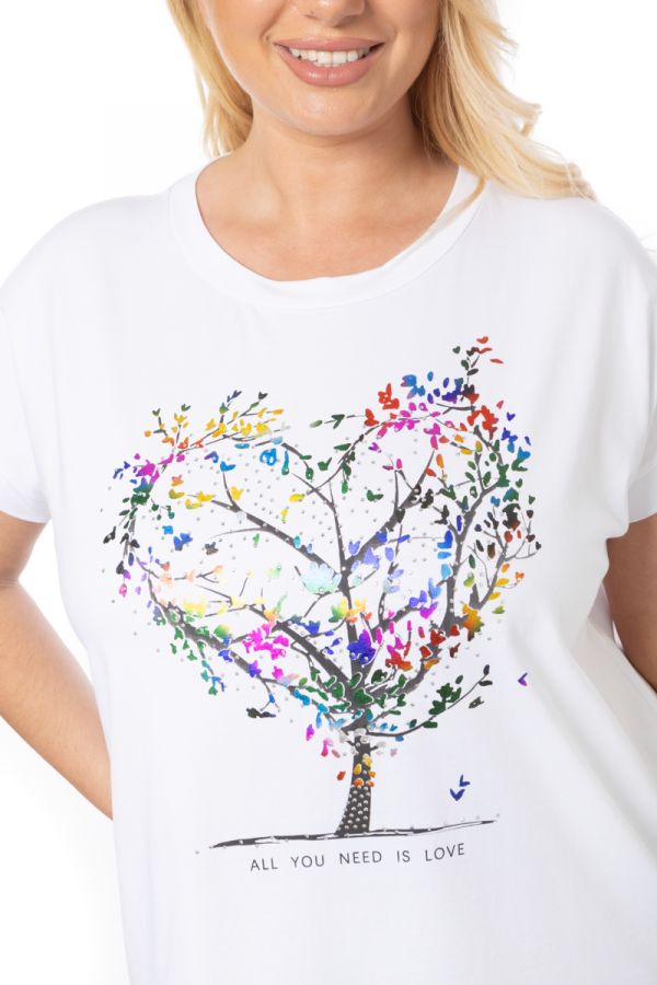 T-shirt με στρας και τύπωμα δέντρο σε λευκό χρώμα
