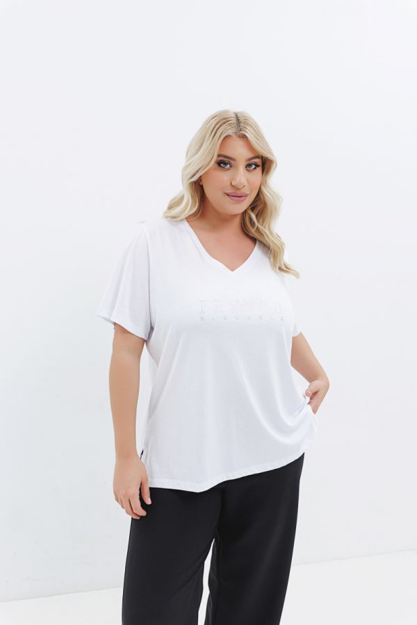 T-shirt με στρας τύπωμα 'French Elegance' σε λευκό χρώμα