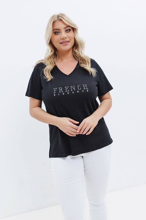 T-shirt με στρας τύπωμα 'French Elegance' σε μαύρο χρώμα