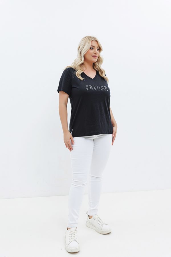 T-shirt με στρας τύπωμα 'French Elegance' σε μαύρο χρώμα