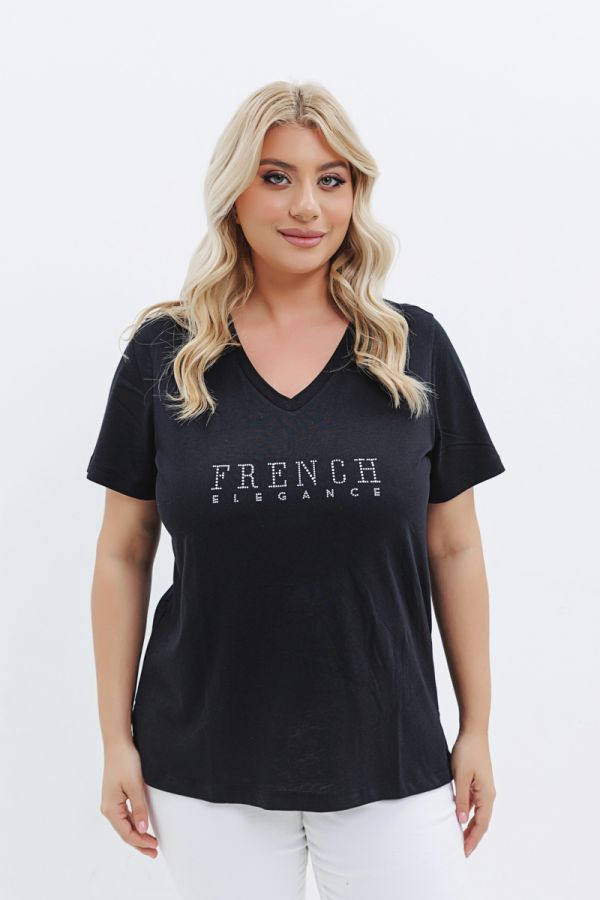 T-shirt με στρας τύπωμα 'French Elegance' σε μαύρο χρώμα