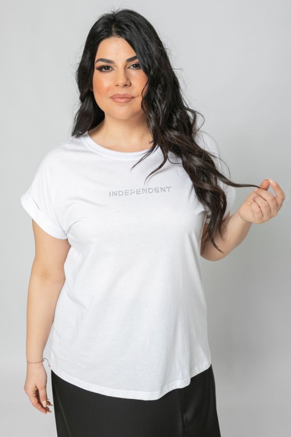 T-shirt με στρας τύπωμα 'independent' σε λευκό χρώμα