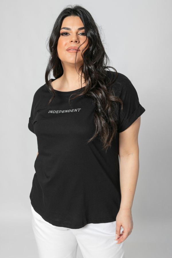 T-shirt με στρας τύπωμα 'independent' σε μαύρο χρώμα
