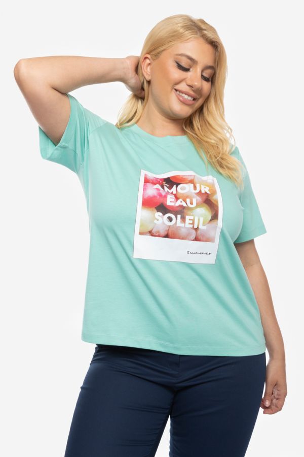T-shirt με τύπωμα 'Amour Eau Soleil' σε άκουα χρώμα