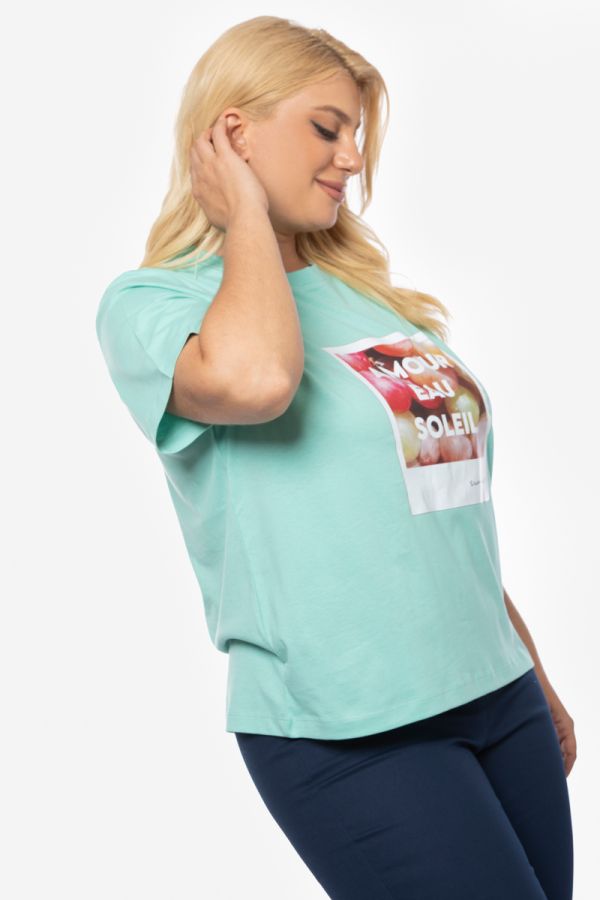 T-shirt με τύπωμα 'Amour Eau Soleil' σε άκουα χρώμα