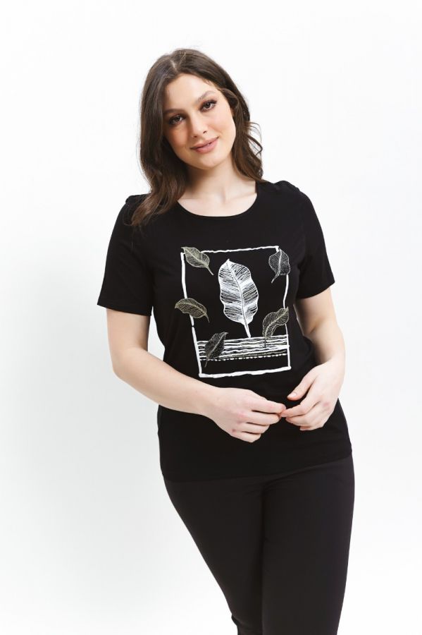 T-shirt με τύπωμα φύλλα σε μαύρο χρώμα