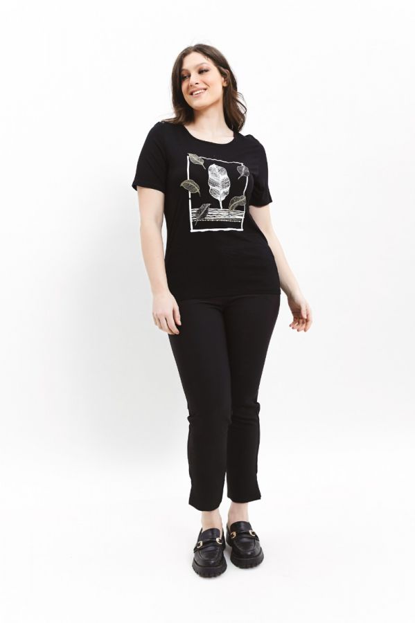 T-shirt με τύπωμα φύλλα σε μαύρο χρώμα