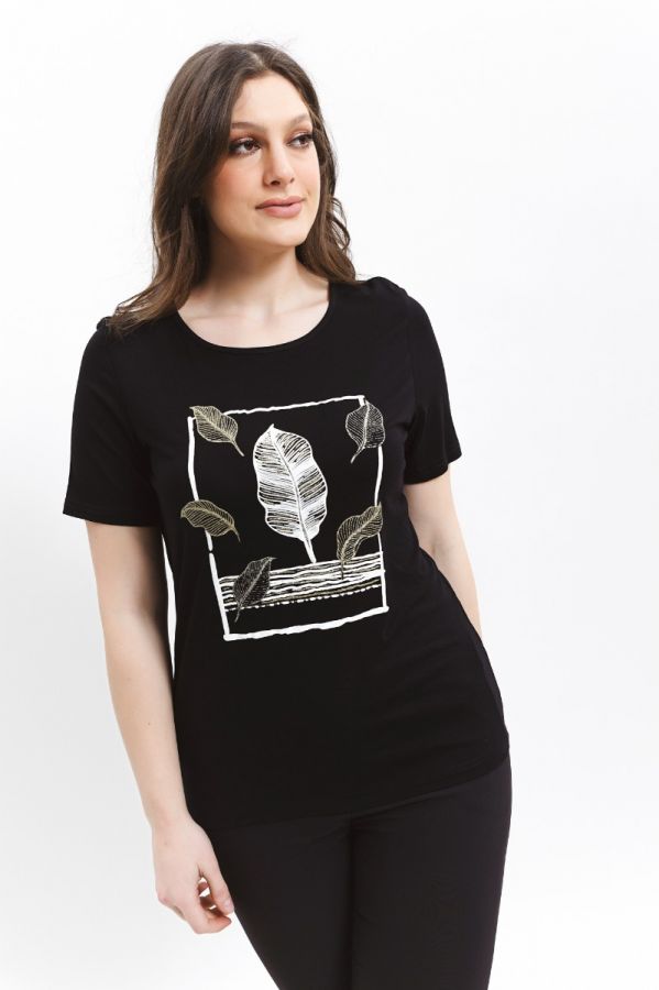 T-shirt με τύπωμα φύλλα σε μαύρο χρώμα