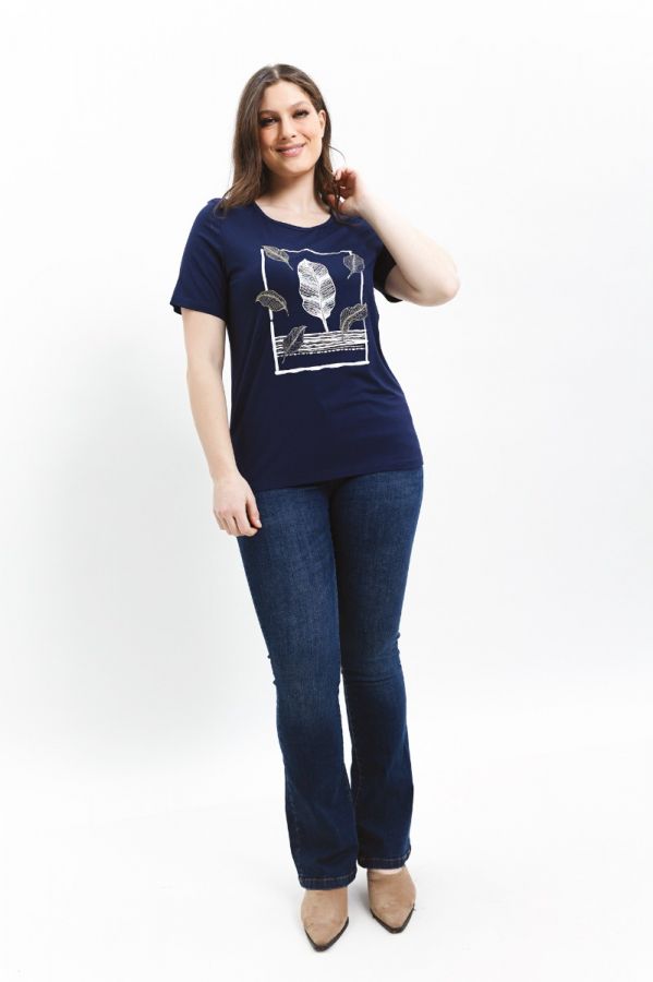 T-shirt με τύπωμα φύλλα σε μπλε χρώμα