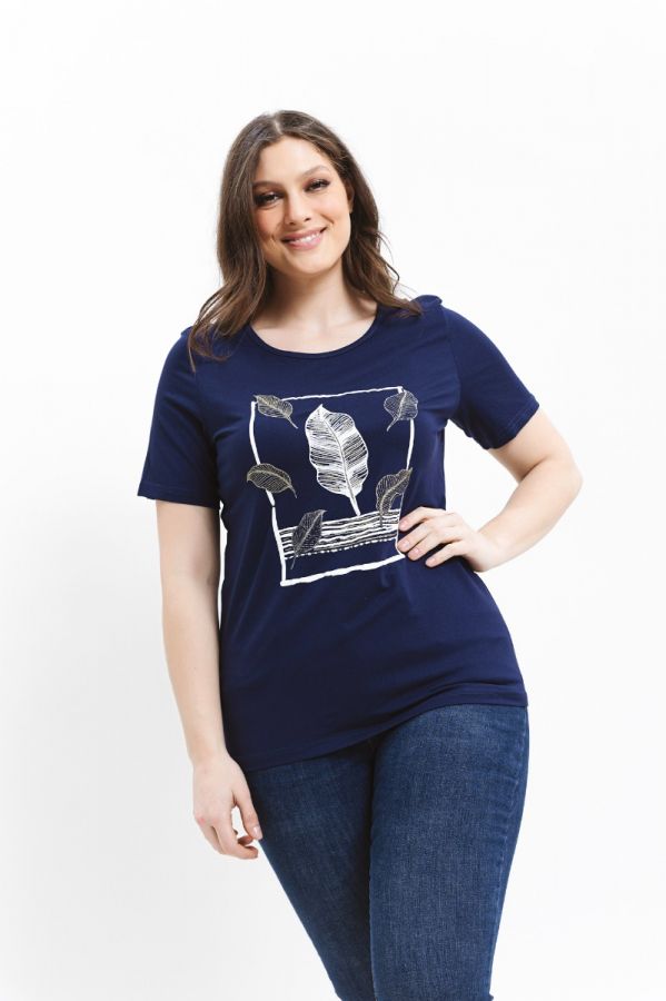 T-shirt με τύπωμα φύλλα σε μπλε χρώμα