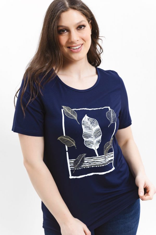T-shirt με τύπωμα φύλλα σε μπλε χρώμα