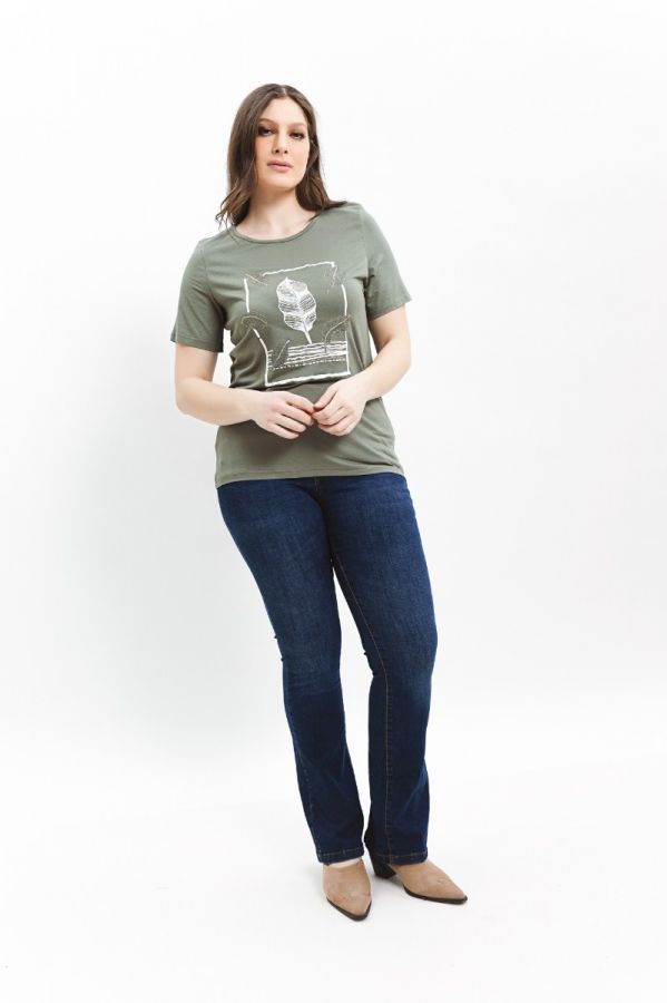 T-shirt με τύπωμα φύλλα σε χακί χρώμα
