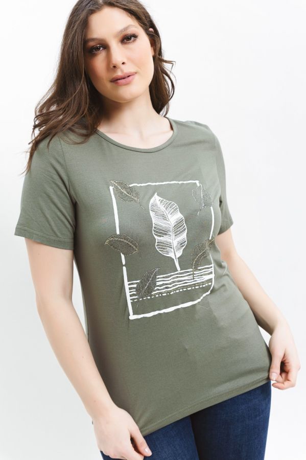 T-shirt με τύπωμα φύλλα σε χακί χρώμα