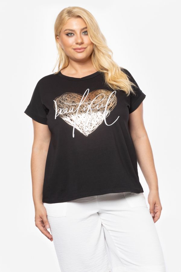T-shirt με τύπωμα καρδιά σε μαύρο χρώμα