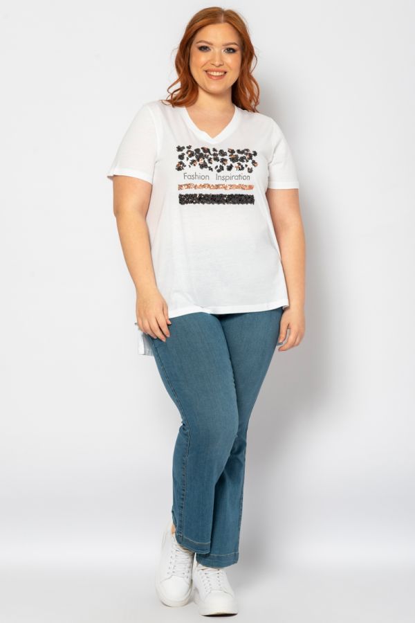 T-shirt με κέντημα και στρας σε λευκό χρώμα 1xl 2xl 3xl 4xl 5xl 