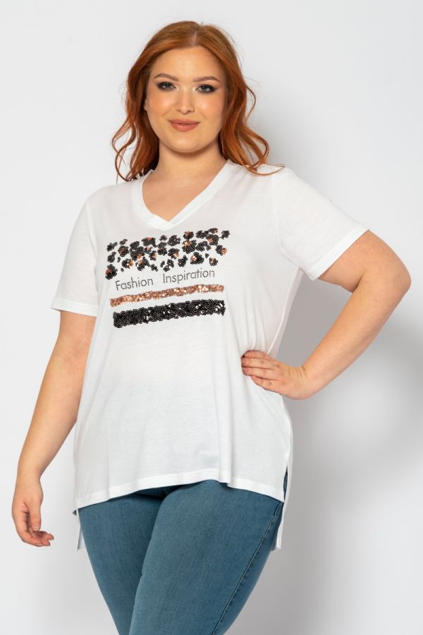 T-shirt με κέντημα και στρας σε λευκό χρώμα 1xl 2xl 3xl 4xl 5xl 