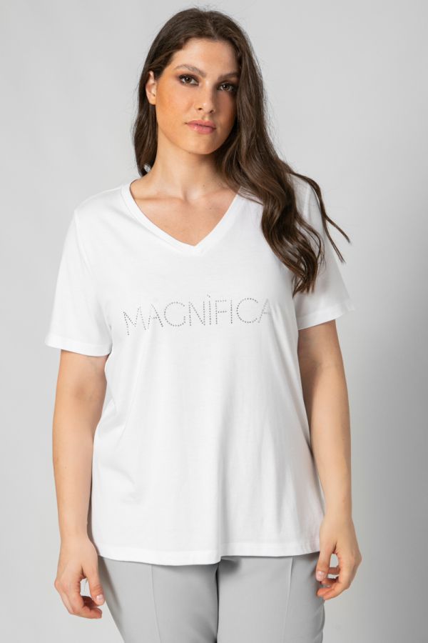 T-shirt με τύπωμα στρας 'Magnifica' σε λευκό χρώμα