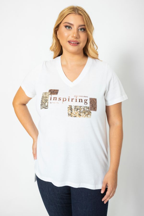 T-shirt με V λαιμόκοψη και πούλιες σε λευκό χρώμα