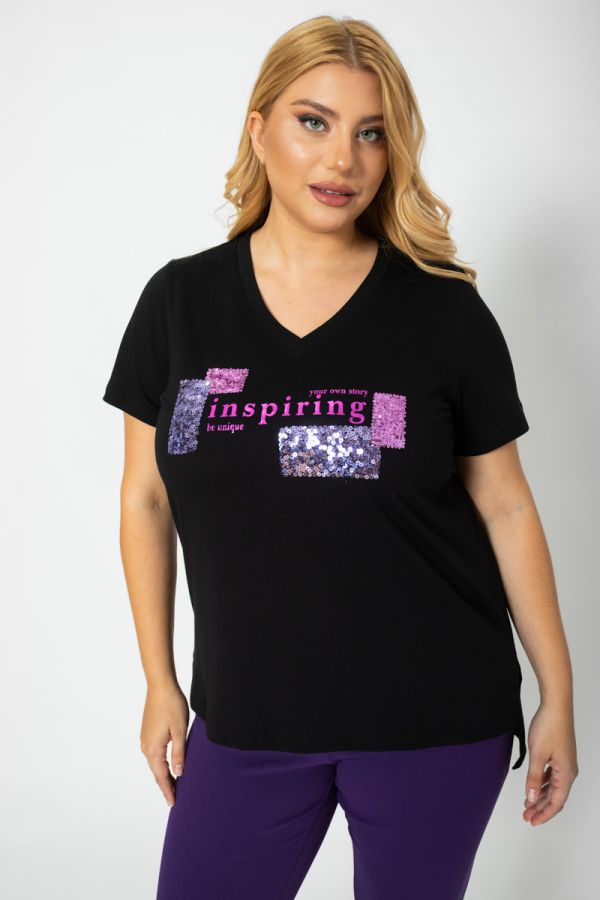 T-shirt με V λαιμόκοψη και πούλιες σε μαύρο χρώμα