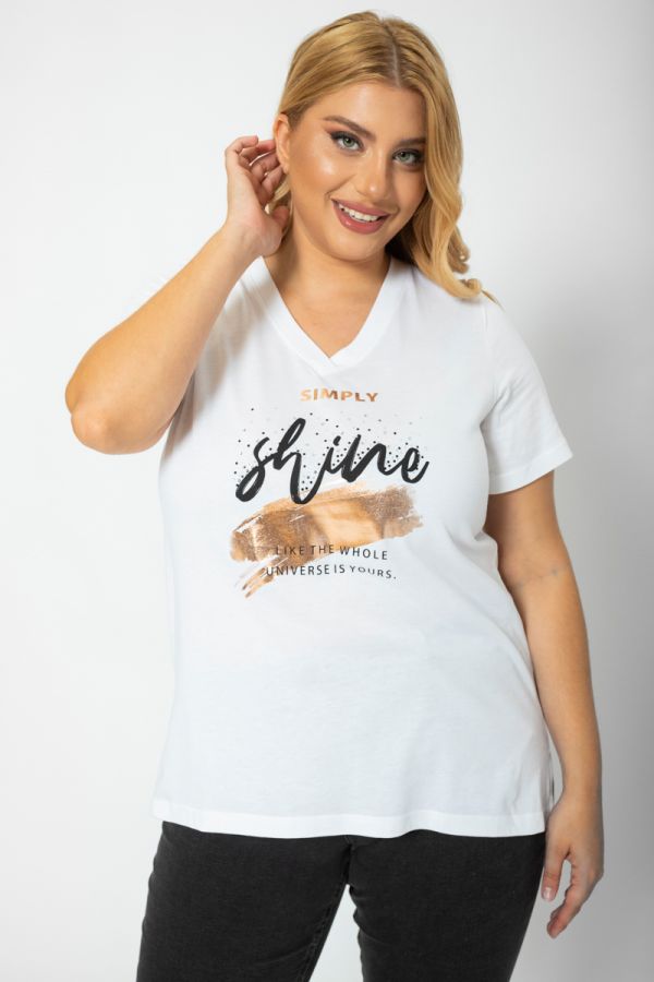 T-shirt με V λαιμόκοψη και τύπωμα σε λευκό χρώμα