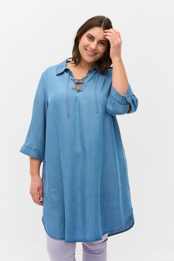 Τουνίκ μακριά με κορδόνια στη λαιμόκοψη σε denim blue χρώμα 1xl,2xl,3xl,4xl,5xl