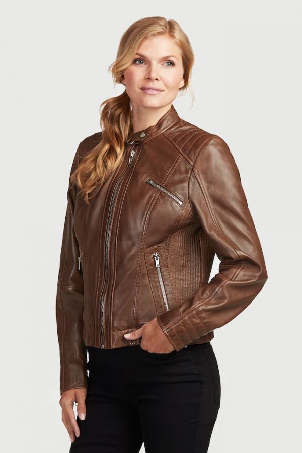 Real-leather jacket με λεπτομέρειες φερμουάρ σε καφέ χρώμα 