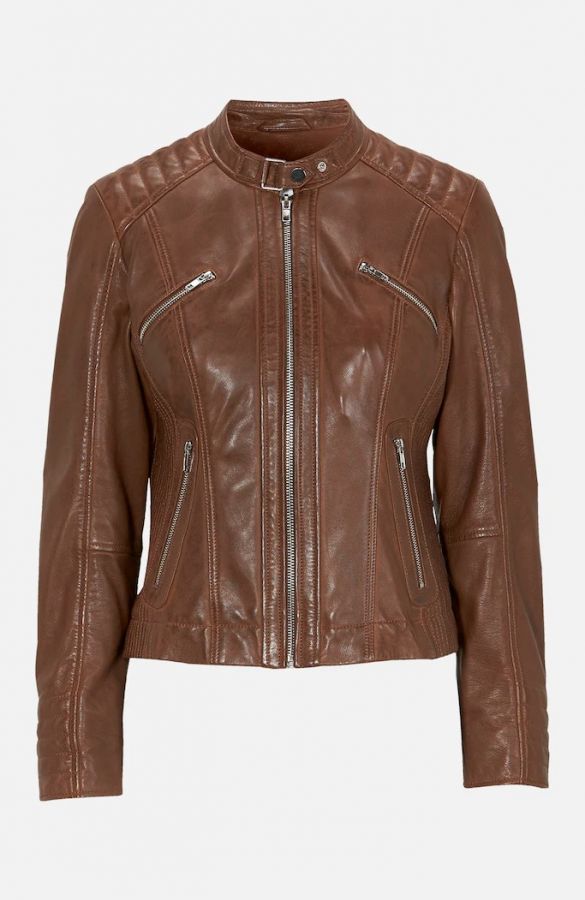Real-leather jacket με λεπτομέρειες φερμουάρ σε καφέ χρώμα 