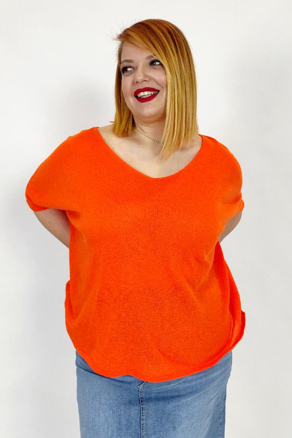 Βαμβακερή μπλούζα με V σε πορτοκαλί χρώμα