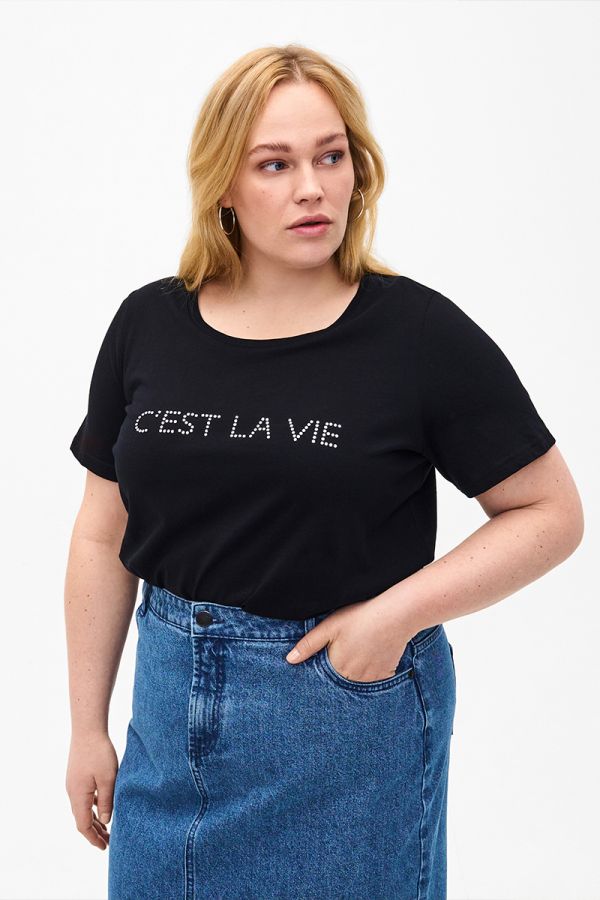 Βαμβακερό t-shirt με τύπωμα 'c'est la vie' σε μαύρο/ασημί χρώμα