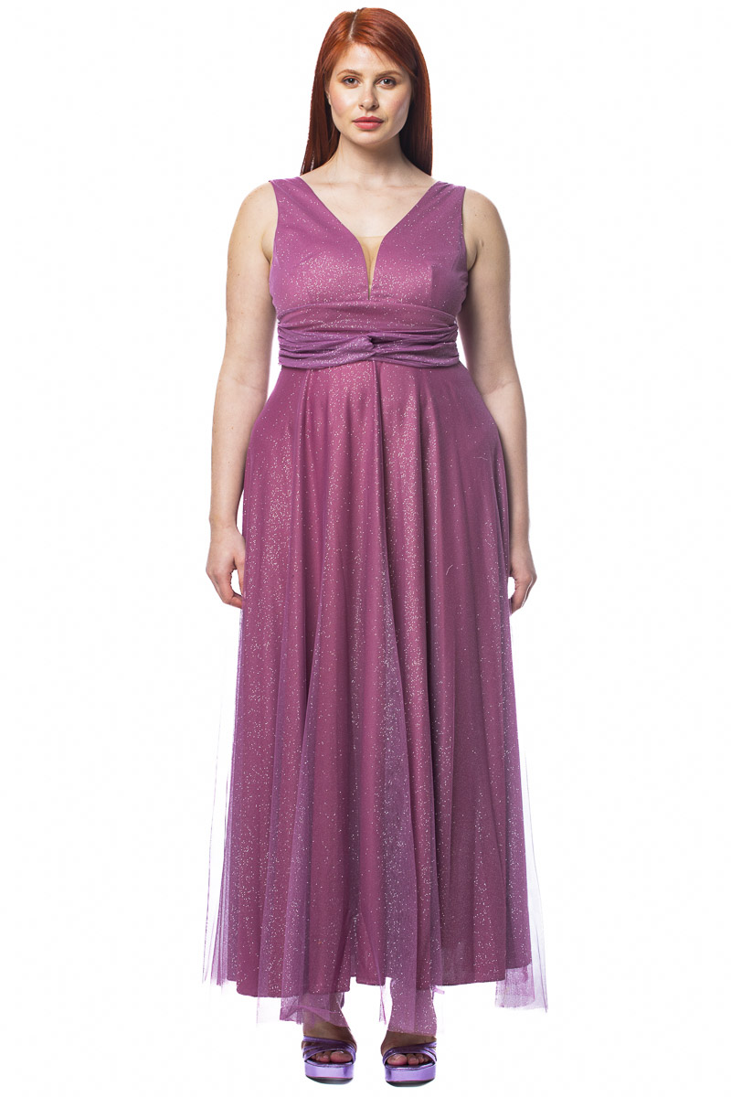 Μακρύ φόρεμα με glitter στο τούλι σε μωβ χρώμα 1422.4444-Μωβ