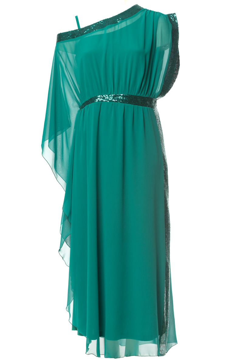Φόρεμα από μουσελίνα με έξω τον ώμο και παγιέτες σε πράσινο χρώμα 1422.4453-Πράσινο