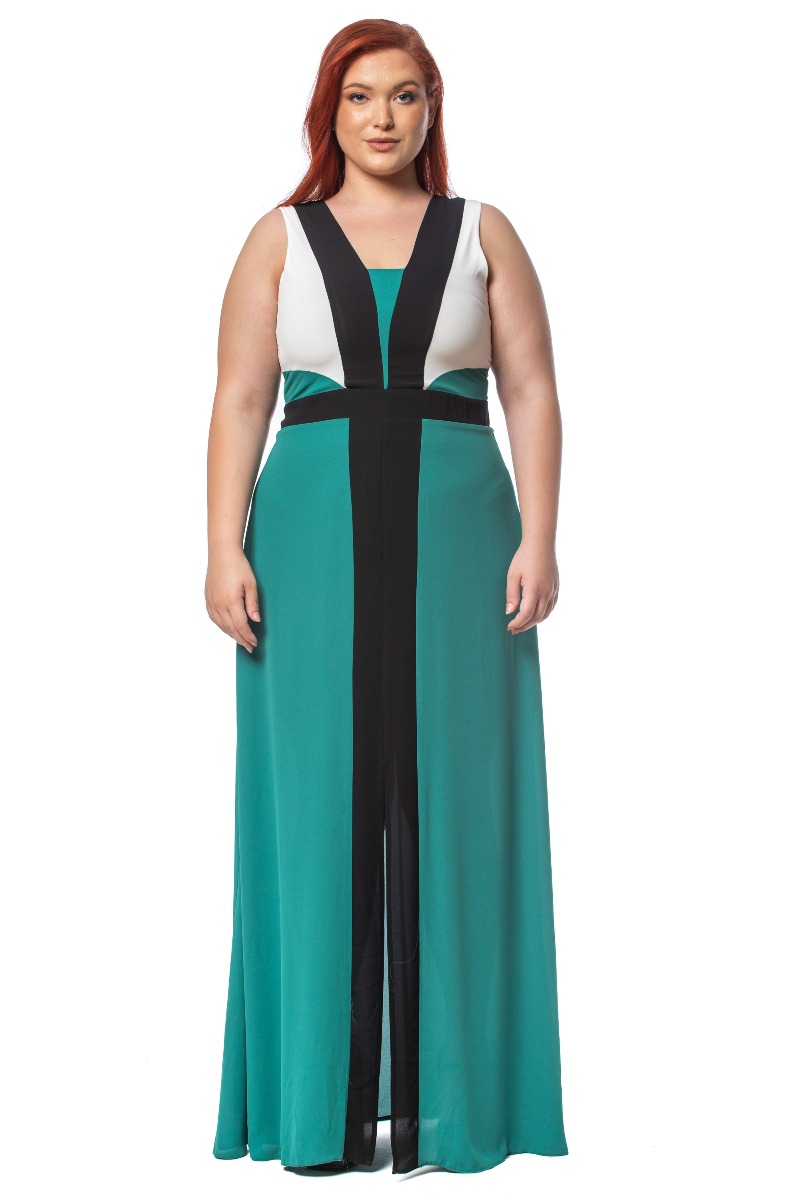 Maxi τρίχρωμο φόρεμα με άνοιγμα μπροστά σε πράσινο χρώμα 1422.4502-Πράσινο