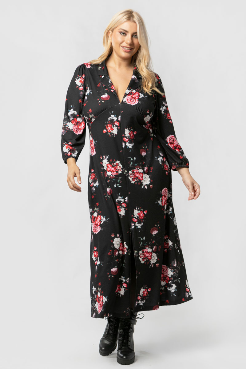  Midi floral φόρεμα με άνοιγμα μπροστά σε μαύρο/κόκκινο χρώμα 2025