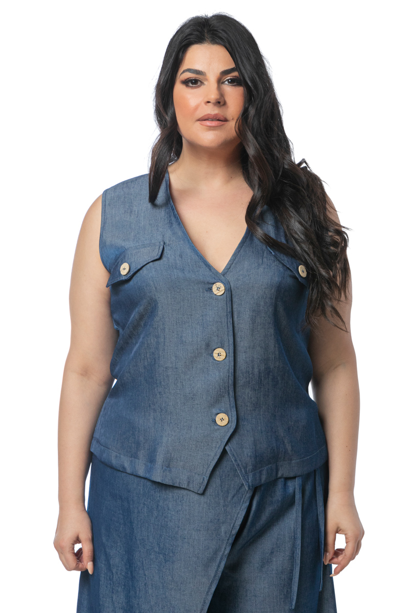  Γιλέκο με ξύλινα κουμπιά σε denim blue χρώμα 2025