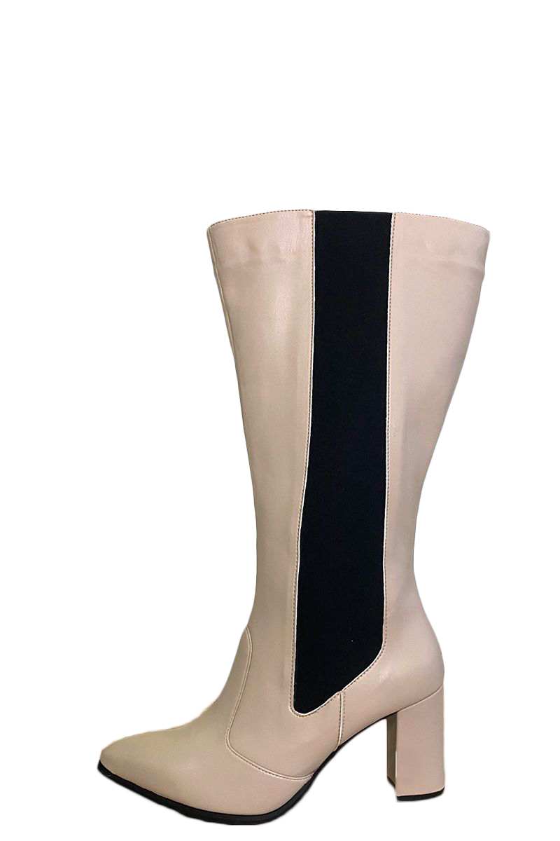 Leather-like μπότα με λάστιχο και φαρδιά γάμπα σε μπεζ χρώμα 14212.0315-Μπεζ