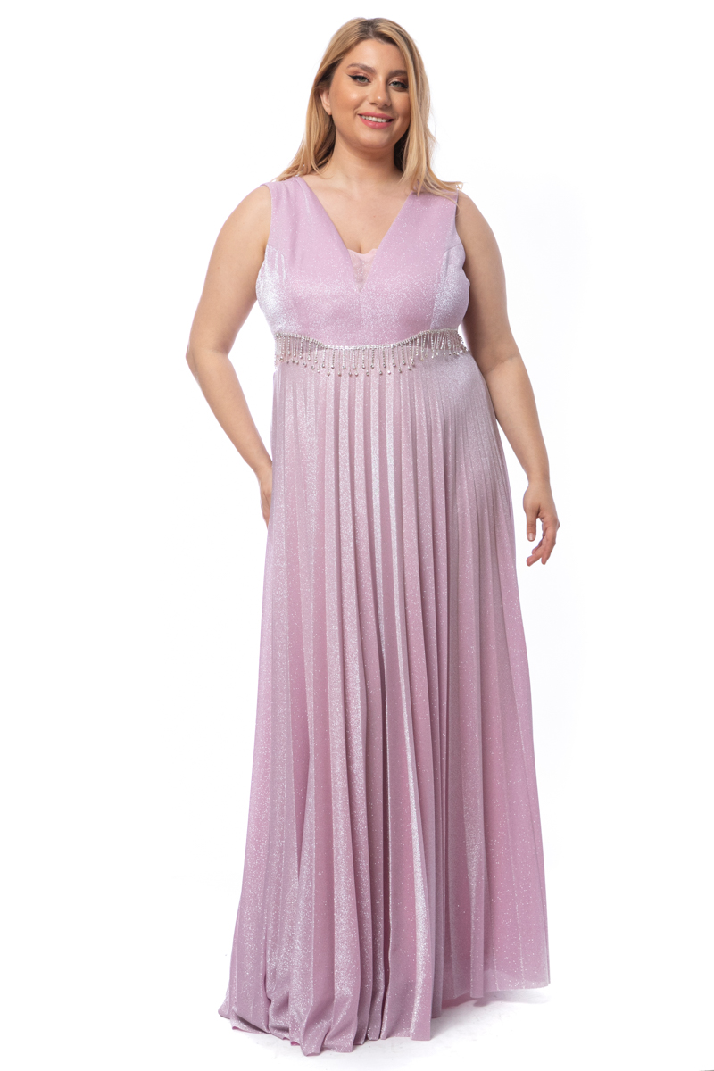 Maxi πλισέ φόρεμα με γκλίτερ σε ροζ χρώμα 1423105-Ροζ