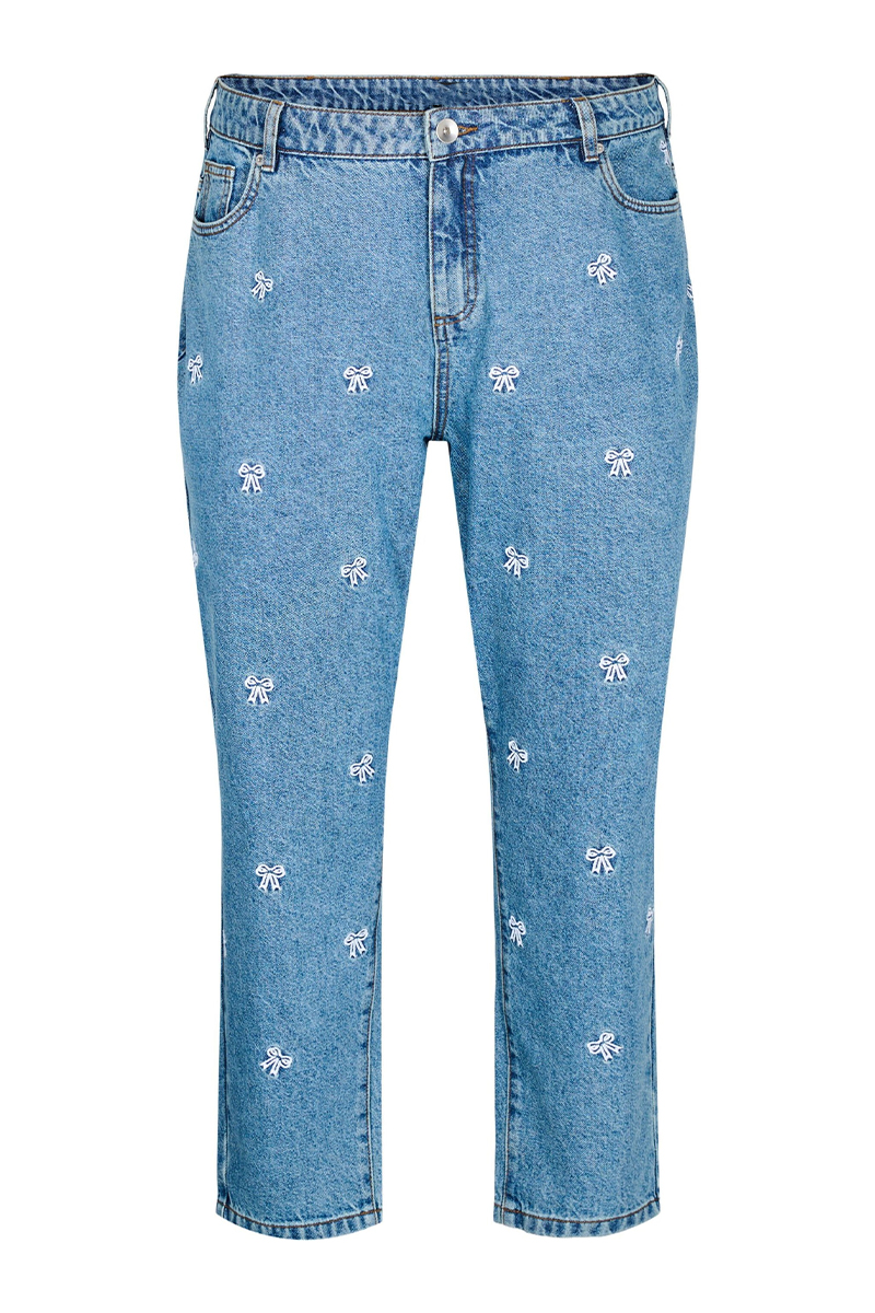  Mom fit jean με κέντημα φιογκάκια σε denim light blue χρώμα 2025