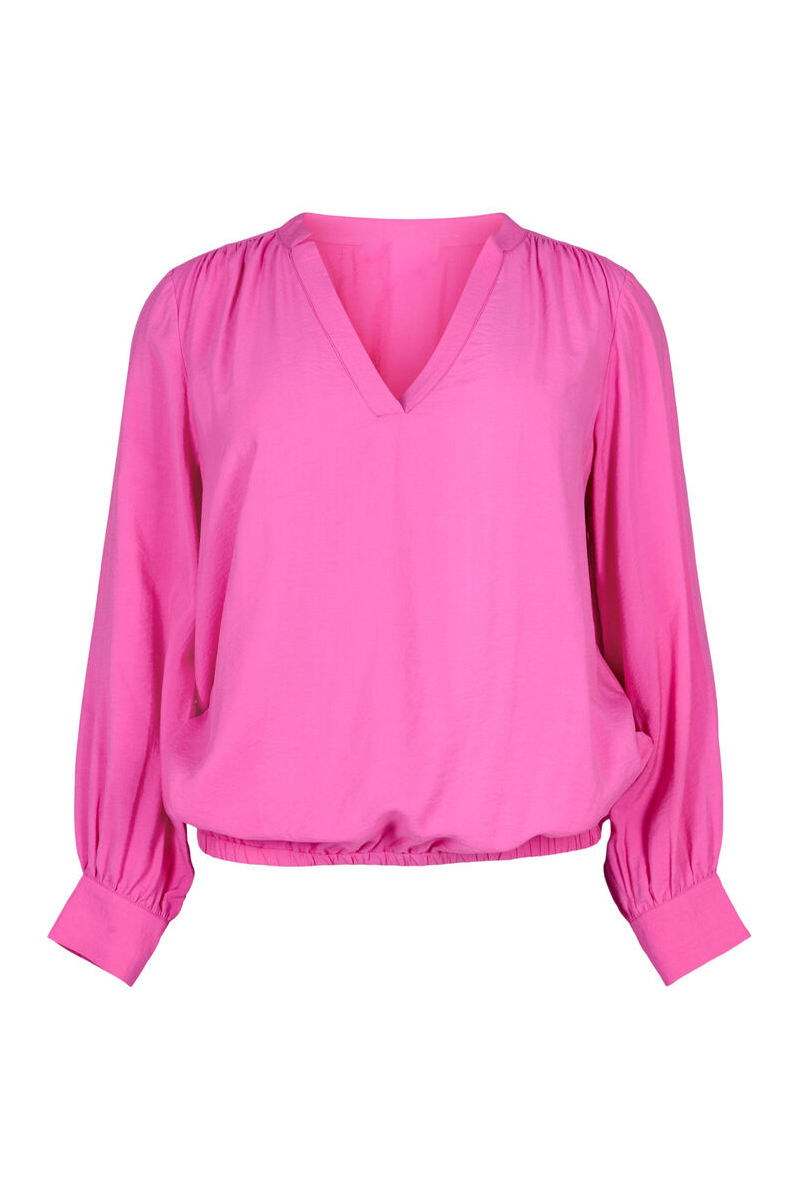 Μπλούζα με V λαιμόκοψη και πιέτες σε ροζ χρώμα 96131-Ροζ