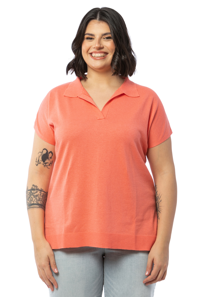 Βαμβακερή μπλούζα με polo γιακά σε κοραλλί χρώμα 4123.99297-Κοραλλί