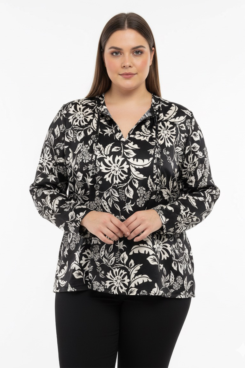 Σατέν εμπριμέ μπλούζα σε μαύρο/εκρού χρώμα