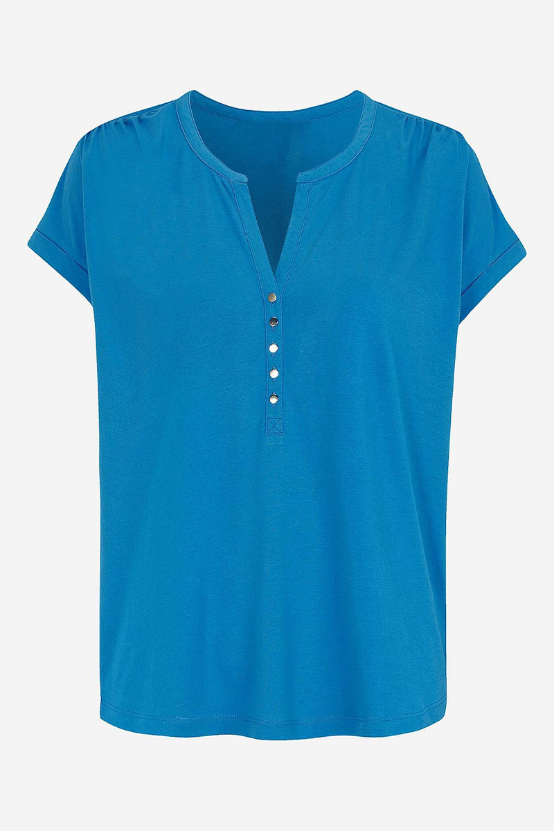 Κοντομάνικη μπλούζα με κουμπιά σε μπλε χρώμα 614636-Μπλε