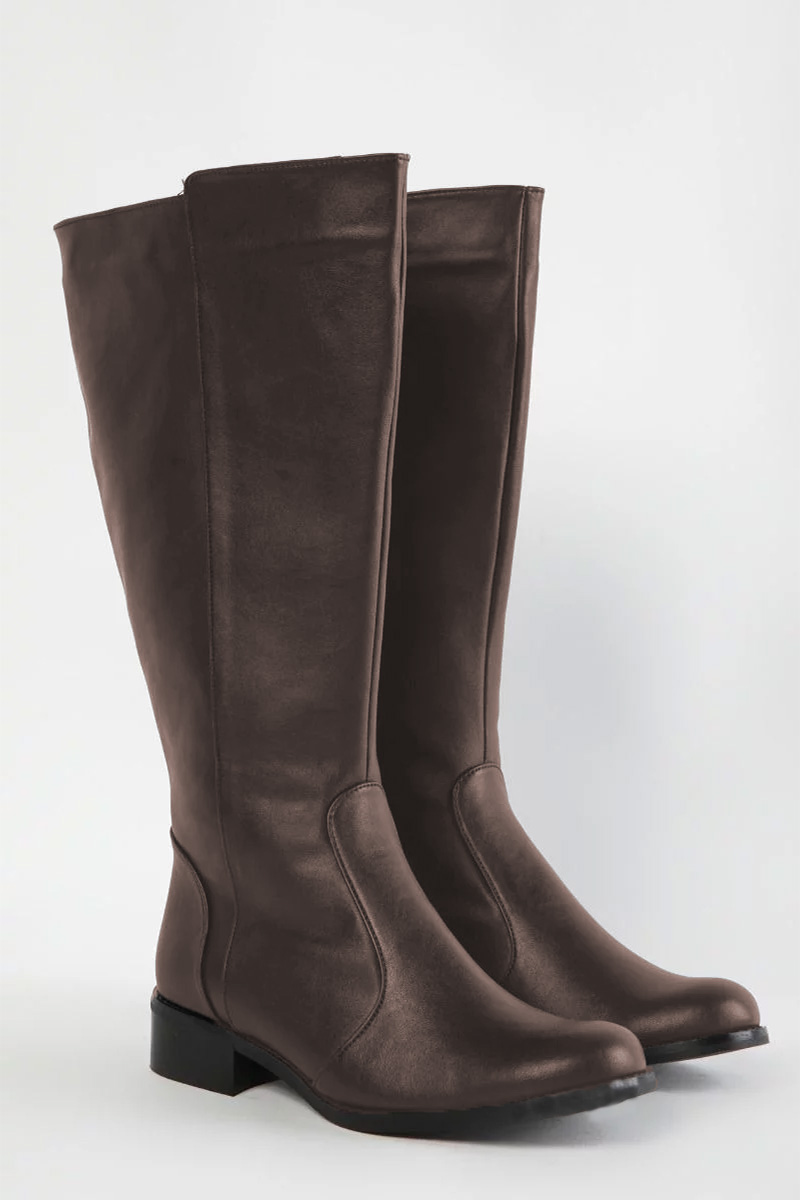 Eco leather μπότα με φαρδιά γάμπα και λάστιχο σε καφέ χρώμα