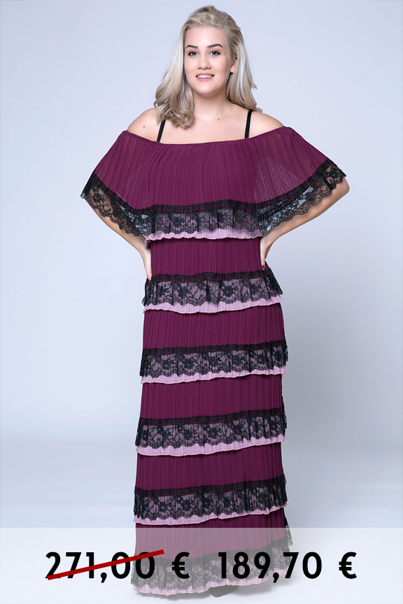 Maxi off shoulder plisse φόρεμα σε μαύρο/μωβ χρώμα